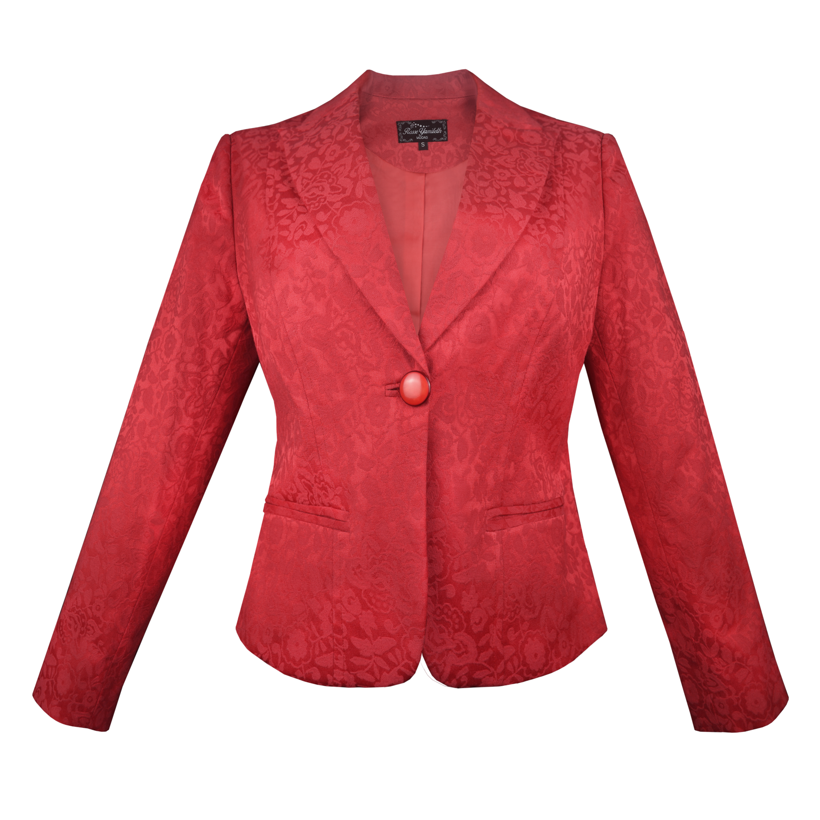 Saco Brocado Floral con Detalles de Pedrería Rojo Coral